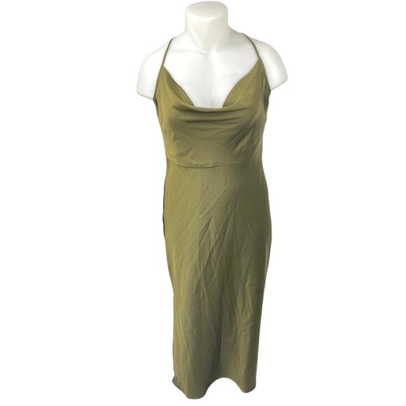 Taylor Olive Green Silky Satin Sleeveless Cami Cowl Neck Tank Slip Dress Size 16 - Picture 1 of 5